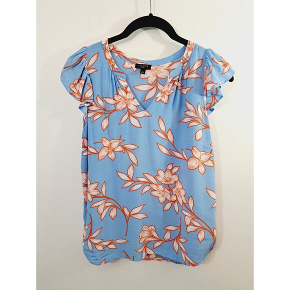 Talbots Petite Women's Blue Orange Floral Flutter Sleeve Top In Size SP - Picture 1 of 6